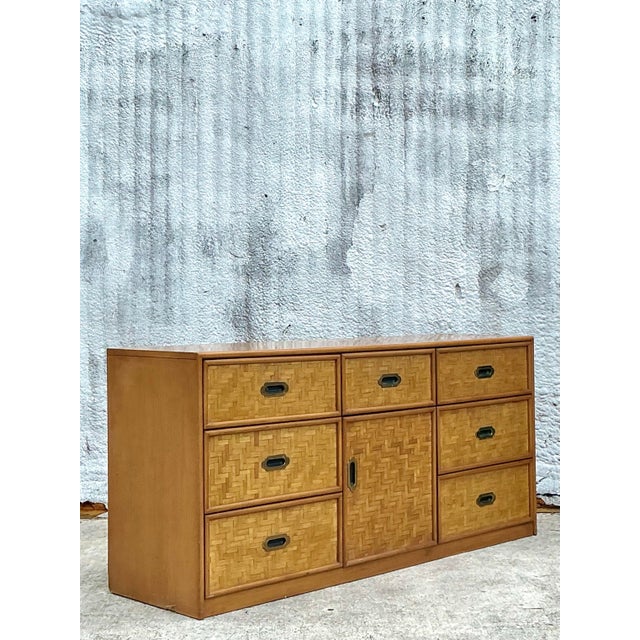 Vintage Coastal Parquet Rattan Credenza For Sale - Image 4 of 9