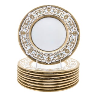 Gilt Encrusted and Turquoise Jewel Custom Dinner Plates, Antique English - Set of 10 For Sale