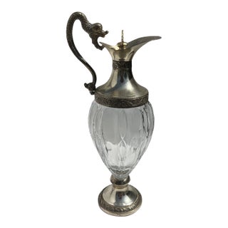 Mid 20th Century Italian Crystal & Silver Plate Dragon Handle Ewer by Distillerie Buton, Bologna For Sale