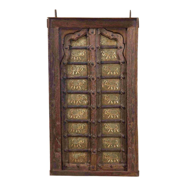 Antique Teak Window With Etched Elephants on Brass Foil For Sale