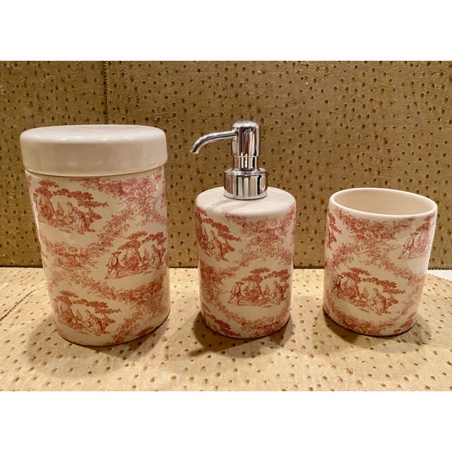 Red Vintage Labrazel 3 Piece Toile Bath Set in Red Toile, Made in Italy, Includes Cup, Soap Dispenser and Cotton Jar For Sale - Image 8 of 9