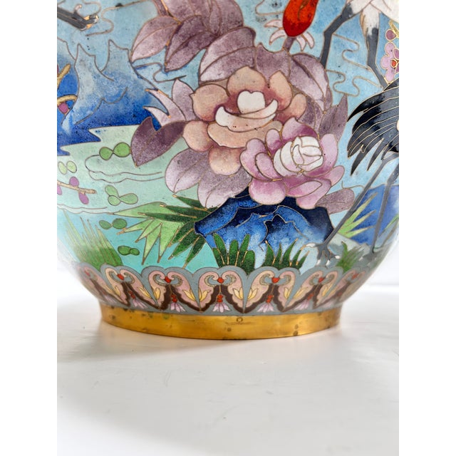 1960s Monumental Handcrafted Cloisonné Enamel Jardiniere With Cranes, Blossoms & Lion Head Handles For Sale - Image 13 of 18
