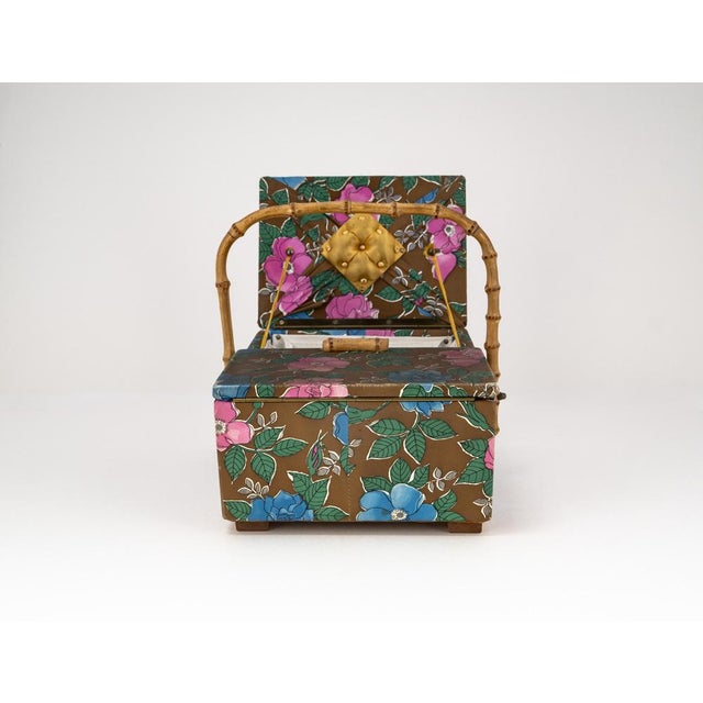 Mid-Century Sewing Basket with Bamboo Handle & Floral Decor, 1970s For Sale - Image 13 of 18