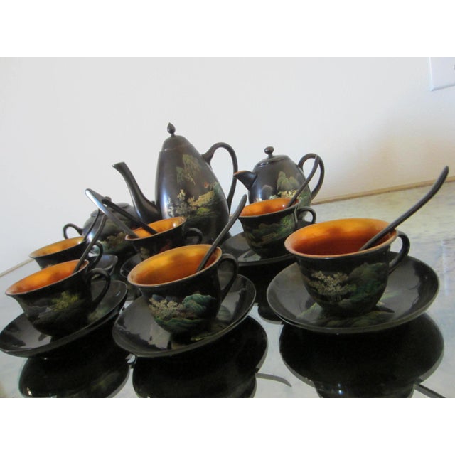 Chinoiserie Antique Chinoiserie Black and Gold Hand Painted Lacquer Tea Set- 18 Pieces For Sale - Image 3 of 17