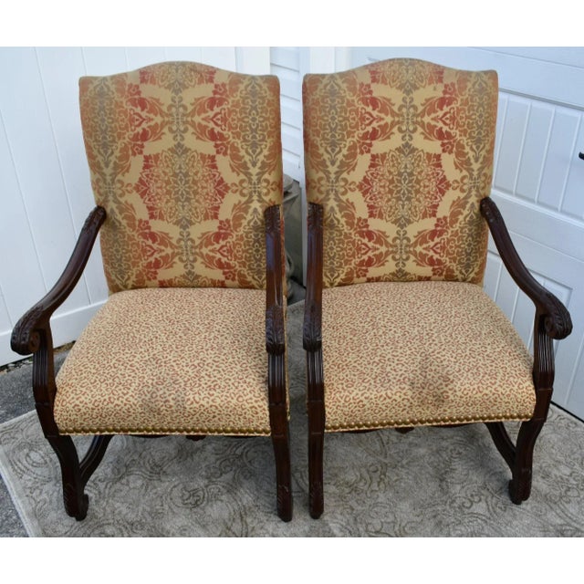 Laneventure Wood Arm Chairs Tudor Style Carved Stretcher Base Vintage Pair For Sale - Image 11 of 12