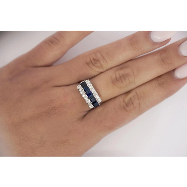 Blue Natural 2.28 Carat Blue Sapphire & Diamond Cluster 5 Stone Platinum Ring For Sale - Image 8 of 9