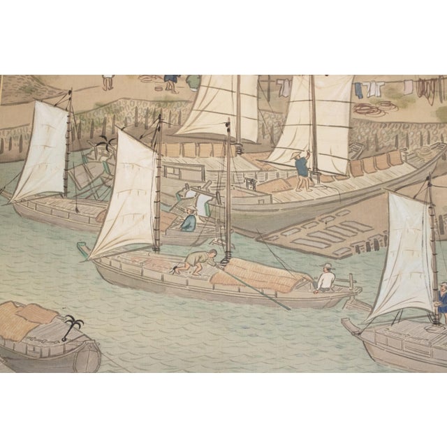 XXL "Fishing Village" by Yoshika, Taisho Japanese Silk Scroll Painting, in Original Wooden Case For Sale - Image 11 of 18