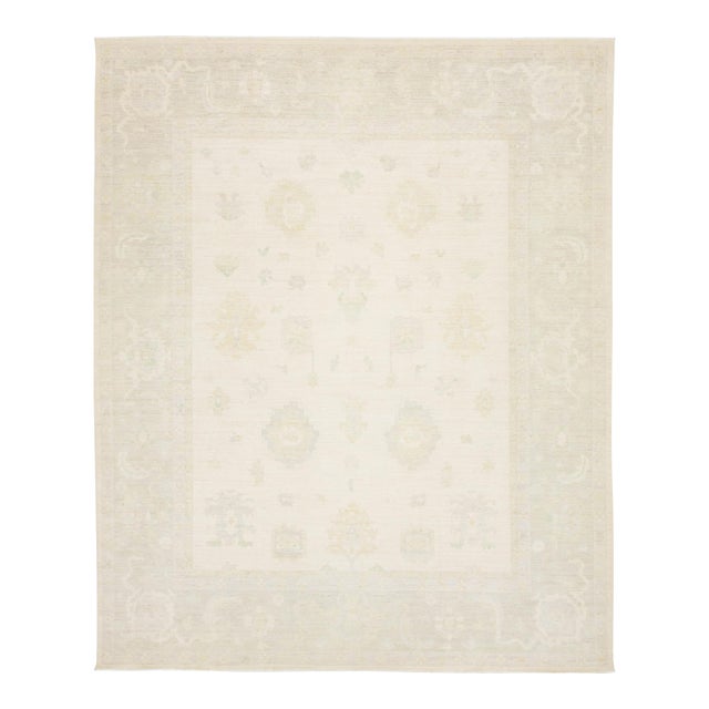 Modern Oushak Style Hand-Knotted Wool Area Rug – Ivory & Sage Transitional 12x15 For Sale