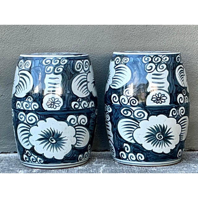 Vintage Glazed Ceramic Floral Garden Stools - A Pair For Sale - Image 9 of 12