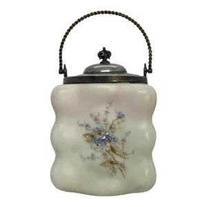 Late 19th Century C.F. Monroe Glass Wavecrest Floral Decorated Opal Ware Biscuit Cracker Barrel With Silver Plated Handle and Lid