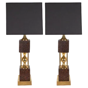 Mid-Century Modern Sculptural Polished Brass and Cork Table Lamps - a Pair