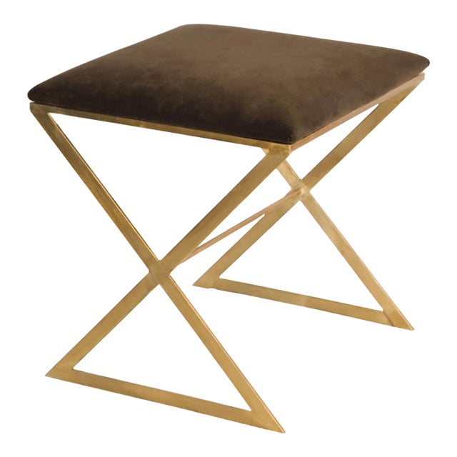Matthew Izzo Home - X Side Stool in Brown Velvet Upholstery and Gold Leaf Base For Sale