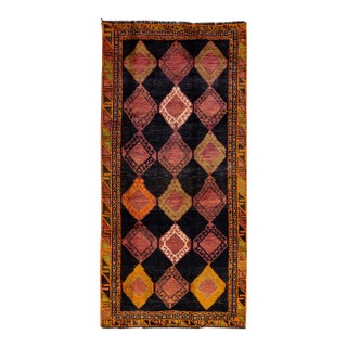 1950s Vintage Persian Handmade Black Geometric Wool Rug For Sale