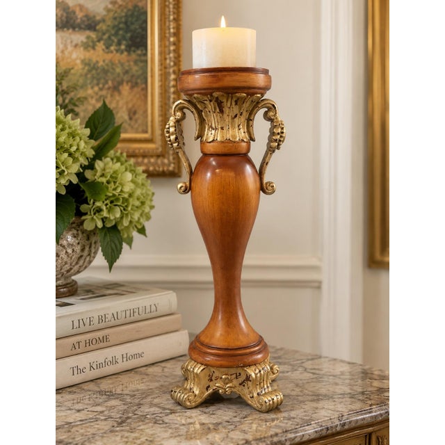 Late 20th Century Vintage Gold and Black Distressed Metal Candleholder With Scroll Handles For Sale - Image 5 of 5