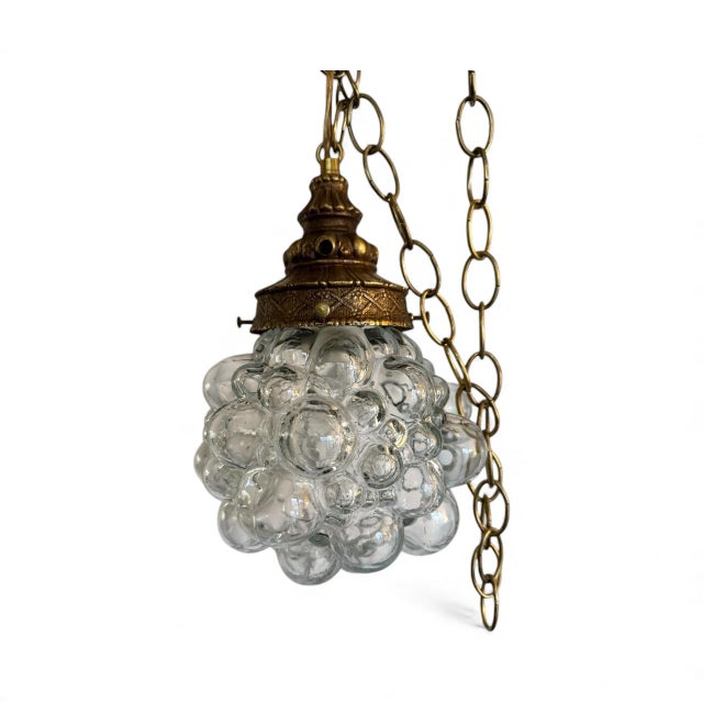Mid-Century Modern Pair of MCM Vintage Bubble Glass & Brass Pendant Swag Lights For Sale - Image 3 of 6