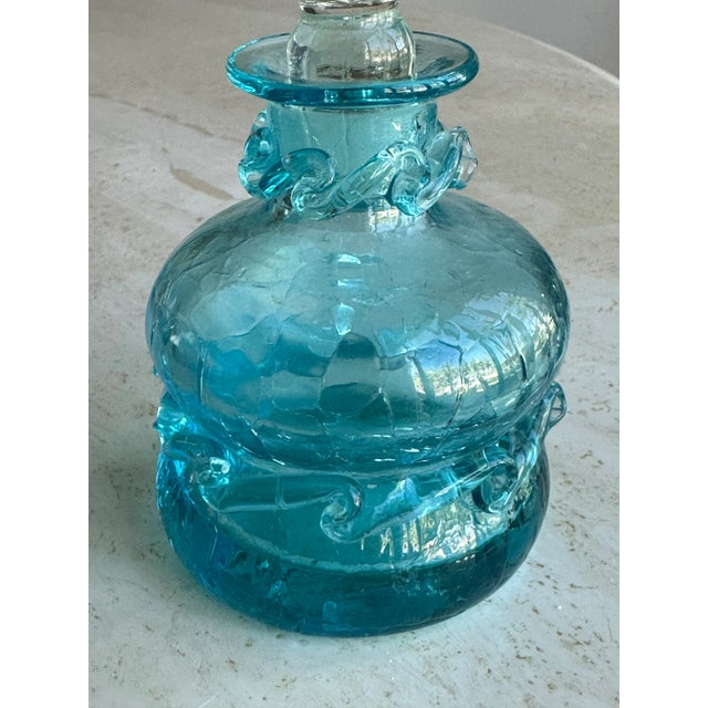 Glass 1960s Turquoise Blue Blenko or Empoli Style Crackle Glass Bottle With Stopper For Sale - Image 7 of 8