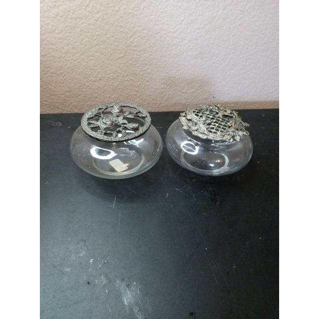 Gorgeous Pair of Potpourri Squat Vases With Filigree Pewter Lids For Sale In Dallas - Image 6 of 7