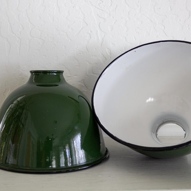 Two Small Industrial Green and White Enamel Domed Factory Pendant Shades For Sale - Image 11 of 11