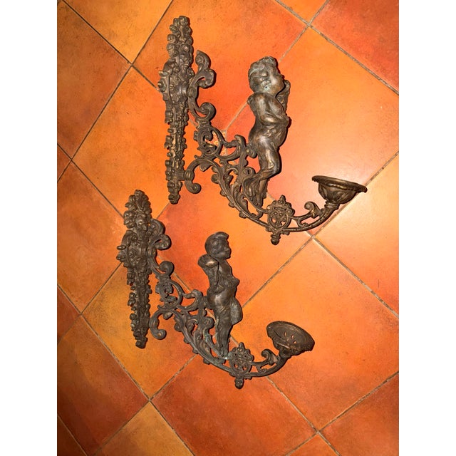 Early 20th Century Antique Pair of Bronze Cherub Sconces For Sale - Image 5 of 11