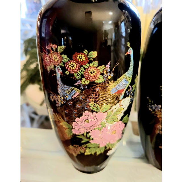 1980s Vintage Black Pink Chinoiserie Floral Peacock Vases= a Pair For Sale - Image 5 of 7