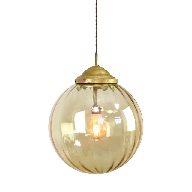 Mid-Century Globe Pendant in Yellow Glass and Brass For Sale