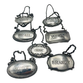 Set of 7 Vintage Liquor Decanter Labels/Tags 5 Sterling 2 Silverplate For Sale