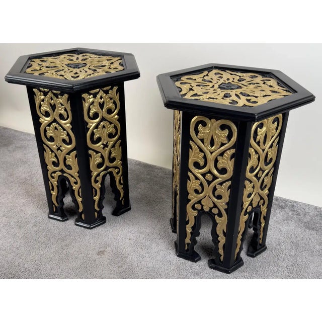 Hollywood Regency Moroccan Stye Side or End Table Black With Gold Design, a Pair For Sale - Image 4 of 12
