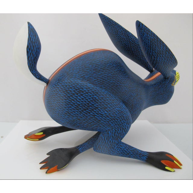 Blue Alebrije Carved Wood Running Rabbit Oaxaca Mexico Folk Art Figurine Sculpture For Sale - Image 8 of 11
