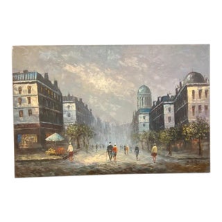 Mid 20th Century Mid Century Modern Parisian Street Scene Sign Original Oil Painting by Burnett For Sale