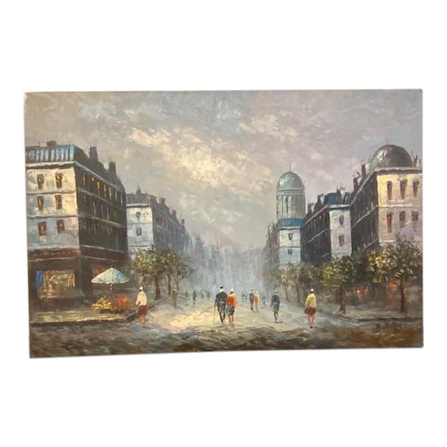Mid 20th Century Mid Century Modern Parisian Street Scene Sign Original Oil Painting by Burnett For Sale
