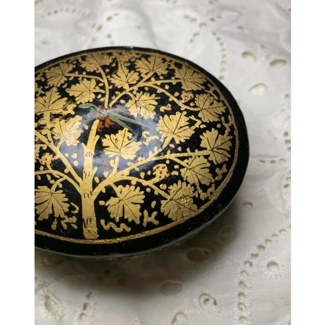 Indian Mid 20th Century Hand Painted Kashmir Trinket Box, Black Lacquer With Gold Tree For Sale - Image 3 of 12