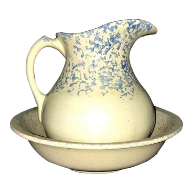 Vintage C.1930s Roseville Pottery Blue Spongeware Wash Basin and