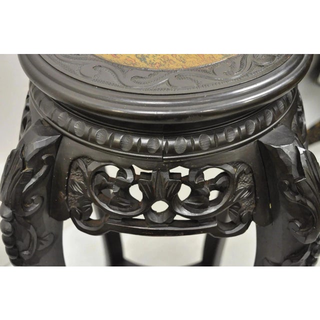 Chinoiserie Early 20th Century Japanese Carved Wood Black Ebonized 29" Plant Stand Side Table Lacquer Top For Sale - Image 3 of 9