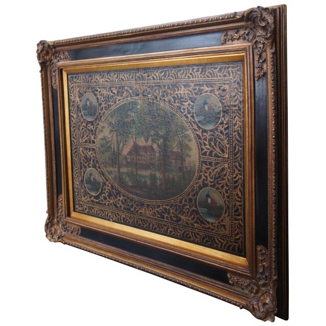 An elegant hand painted toleware landscape. Features colorful hand painted scenes set within cameos. A black background...