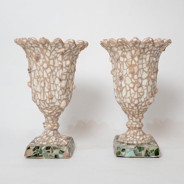 Sculpture Materials Pair of Large Mosaic Shell and Glass Urns For Sale - Image 7 of 13
