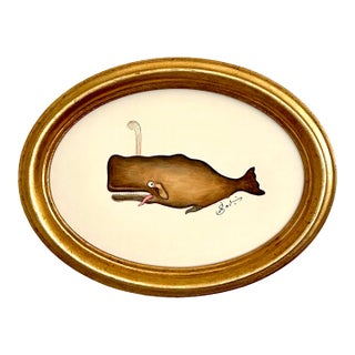 Original Hand-Painted Whimsical Baby Whale Painting in a Vintage Frame For Sale