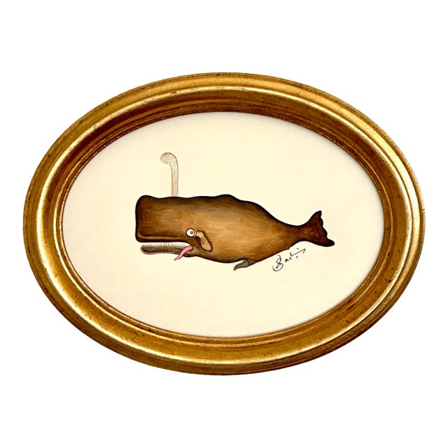 Original Hand-Painted Whimsical Baby Whale Painting in a Vintage Frame For Sale