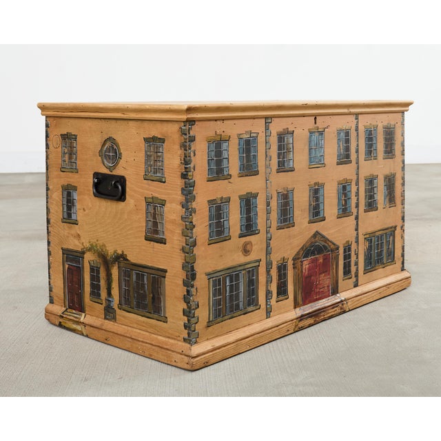 Late 19th Century Country English Painted Pine Trunk With Georgian House Facade For Sale - Image 5 of 18