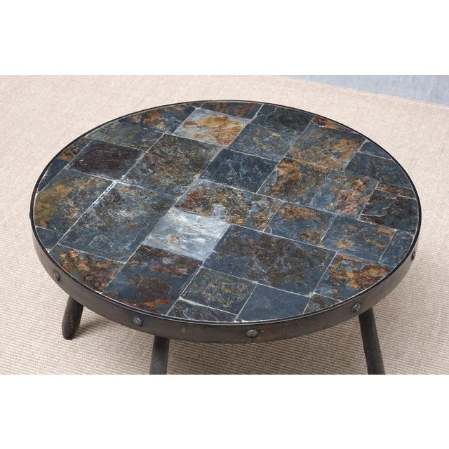 Brutalist French Brutalist Round Side Table in Wrought Iron and Slate, 1970s For Sale - Image 3 of 13