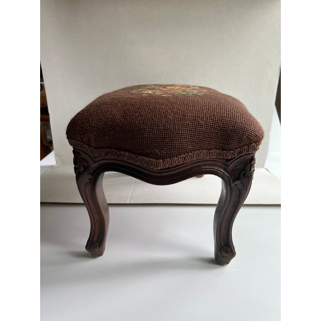 English Vintage Needlepoint Footstool With Flowers For Sale - Image 3 of 10