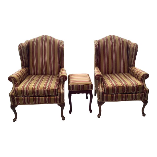 1960s Carved Wood & Upholstered Wing-Back Chairs With Ottoman - 3 Pieces For Sale