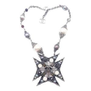 Chanel Rare Gunmetal Star Multi Color Stone Faux Pearl Necklace