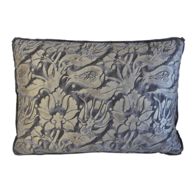 Custom-tailored pillow in Italian Mariano Fortuny cotton fabric called "Melagrana" in a black (dark purple) and silver...