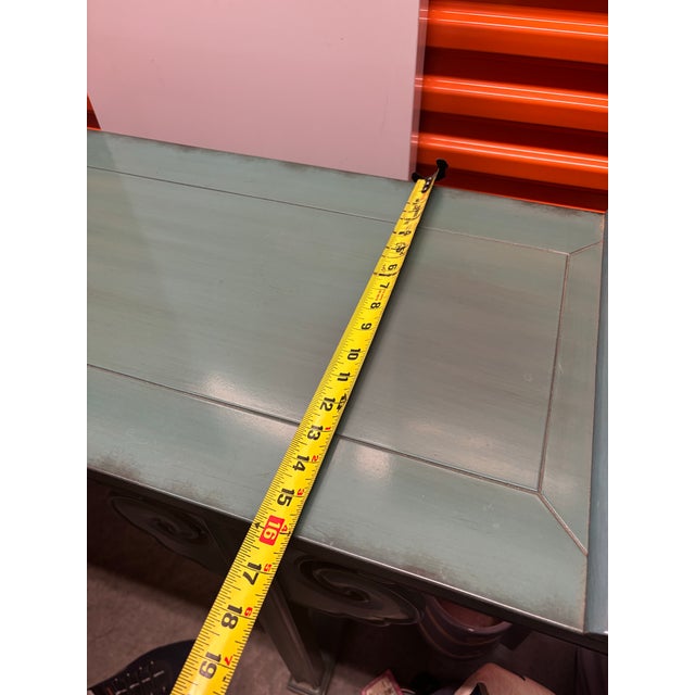 Mid-Century Modern Vintage Late-20th C. Asian Style Hollywood Regency Pagoda Wood Fretwork Chinoiserie Altar Console Entry Table by Baker Furniture, Jade For Sale - Image 3 of 4