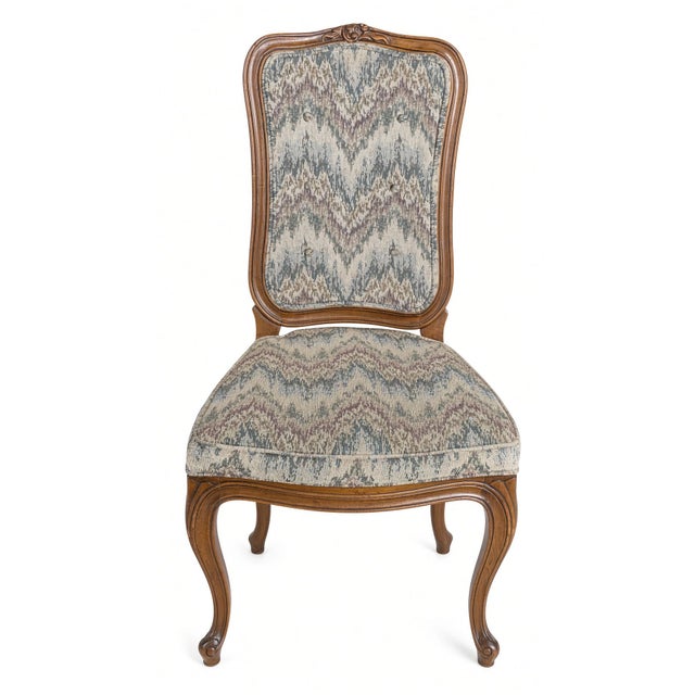 French Provincial Henredon Louis XV French Provincial Dining Side Chairs in Flame-Stitch Upholstery, Set of 6 For Sale - Image 3 of 18