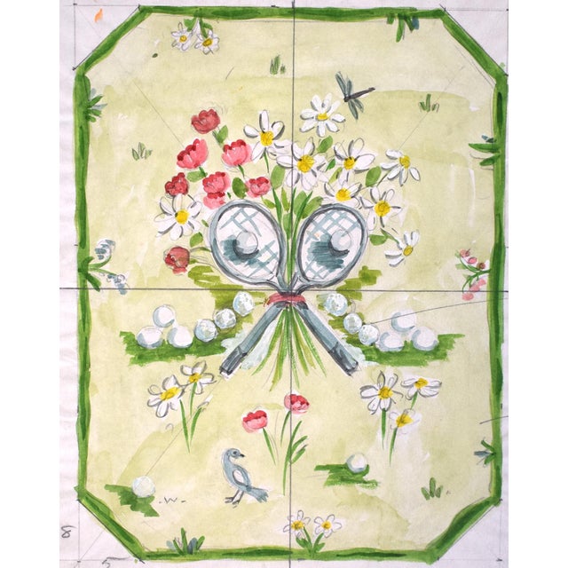 Traditional Watercolor Design for a Celadon Rug W/ X'd Tennis Racquets 1970 by George Wells (1906–1988) For Sale - Image 3 of 5
