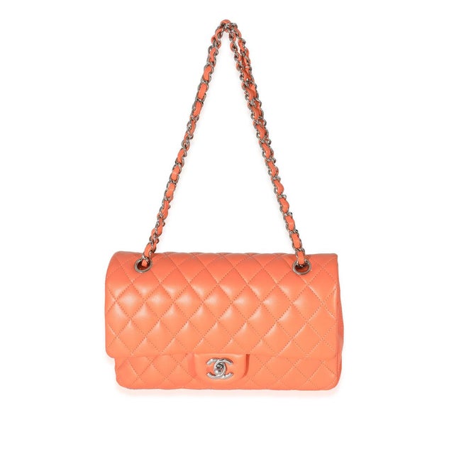 Chanel Orange Quilted Lambskin Medium Classic Double Flap Bag For Sale - Image 4 of 8