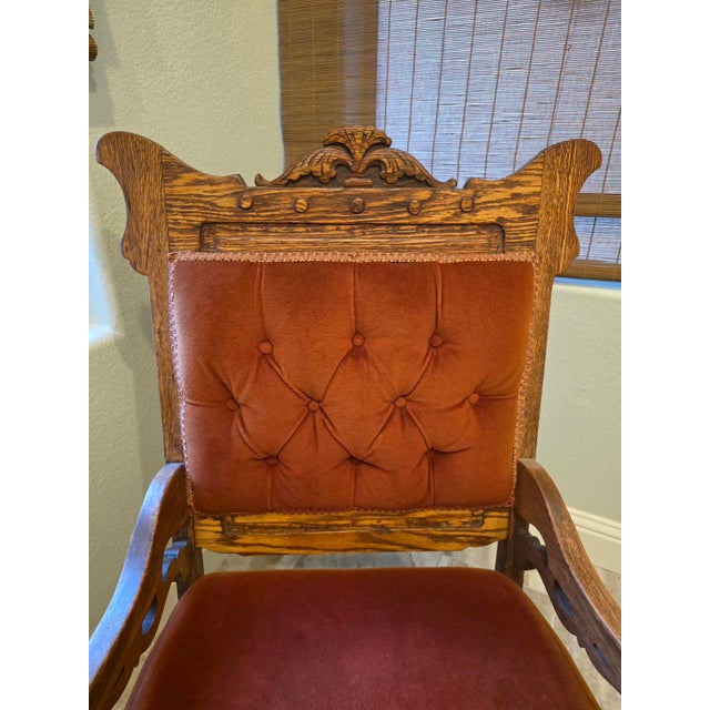 Antique Late Victorian Quarter Sawn Oak Platform Rocker – Tufted Rust Velvet Accent Rocking Chair For Sale - Image 4 of 10