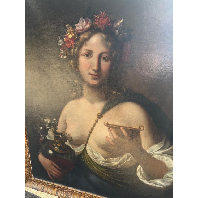17th Century Framed Oil Painting Italian School Female With Garland of Flowers With Ewer and Cup For Sale - Image 11 of 14