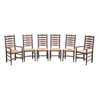 Antique English Ladder Back Rush Seat Dining Chairs - Set of 6 For Sale